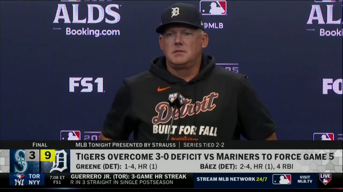 "I know it's been some tough times... but he never concedes."

@tigers manager A.J. Hinch talks about Riley Greene and the emotions around today's comeback victory to force a Game 5. 