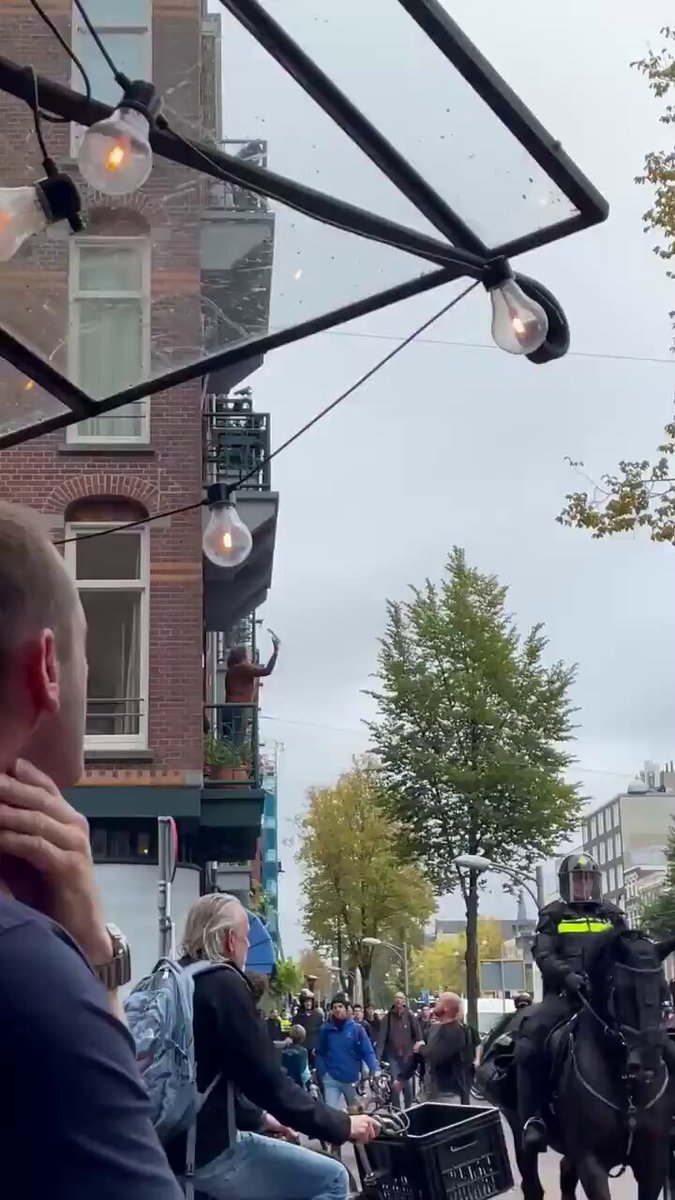 Vrouw bekogelt demonstranten op de Overtoom