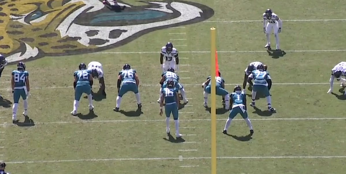 Ernest Jones almost fool the Jaguars OL with the coffee house but the LG sees him at the last second 