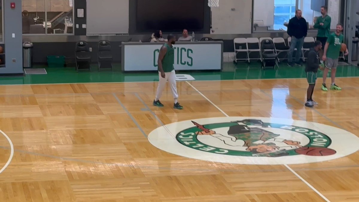 Jaylen Brown on the court after Celtics practice. 