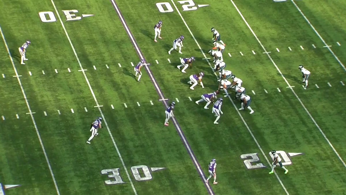Believe the Eagles had 8 total dropbacks under center prior to Week 7

Three plays vs the Vikings unlocked the game (to expand on @FDuffyNFL's tweet)

1. Safety drives on AJ Brown, perfectly thrown deep ball to Devonta by Hurts in a perfect pocket. 79 yard TD

2. Next time, deep safety is 30 yards back, opening a cavern over the MOF. 19 yard gain on 1st and 10

3. Again the safety is 35 yards deep. 21 yard gain MOF. Next play is the AJ Brown touchdown