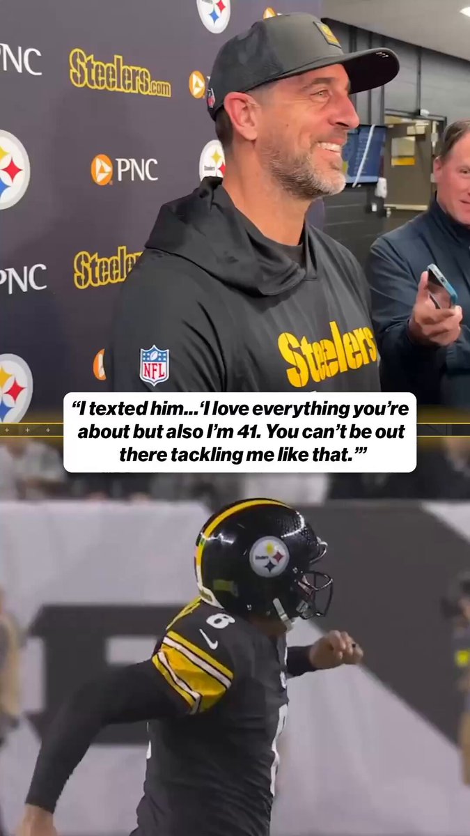 Aaron Rodgers and Broderick Jones shared a laugh about him tackling the QB during their touchdown celebration 😂

(via @937theFan) 