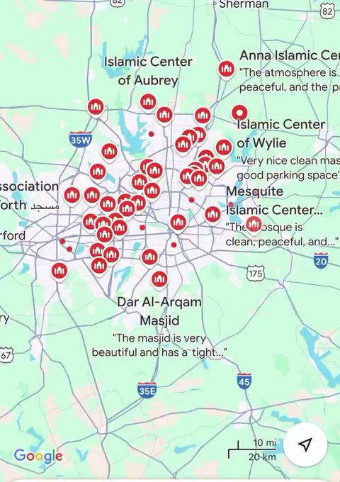 A Google Maps screenshot of the Dallas-Fort Worth metroplex area in Texas, featuring a green terrain map with numerous red pin markers indicating mosque locations clustered around urban centers like Dallas and Fort Worth; some pins have labels with mosque names (e.g., Islamic Center of Aubrey, Anna Islamic Center, Islamic Center of Wylie, Mesquite Center, Dar Al-Arqam Masjid) and overlaid snippets of positive Google reviews praising cleanliness, peacefulness, and parking; highways like I-35E and I-20 are visible, with a scale showing 10 miles and 20 km.