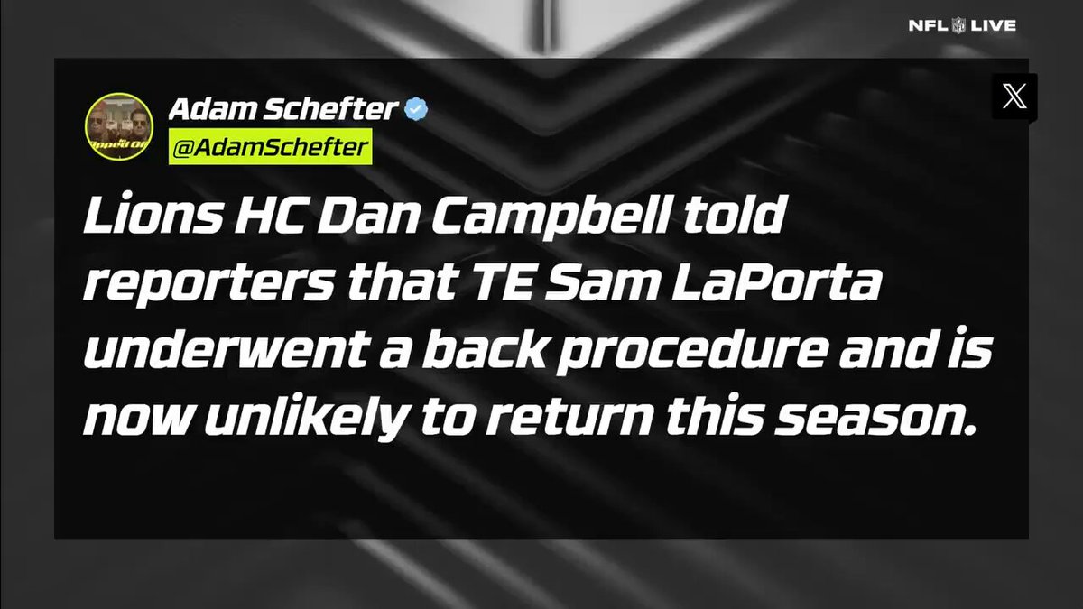 Lions HC Dan Campbell announced Sam LaPorta is expected to miss the rest of the season after undergoing a back procedure.

@danorlovsky7 on what LaPorta’s absence means for the Lions’ offense the rest of the way ✍️ 