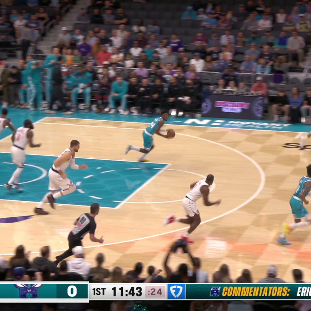 LaMelo Ball finds Brandon Miller in transition 

Ball with the over-the-head dime.
Miller with the powerful jam down the lane.

LAC/CHA on NBA League Pass: