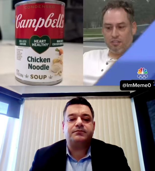 A collage image featuring a red and white can of Campbell's Condensed 50% Less Sodium Heart Healthy Chicken Noodle Soup on the left, showing product labeling with images of noodles, chicken, and vegetables; top right shows a middle-aged man with short brown hair wearing a white shirt and glasses, seated in what appears to be a car with trees in the background; bottom shows another middle-aged man with round face, glasses, and dark hair in a dark suit and blue shirt, seated indoors near blinds and a window.