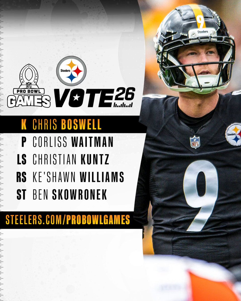 RP to #ProBowlVote for the specialists‼️

Chris Boswell
Corliss Waitman
@ckuntz24
@BennySkow
Ke’Shawn Williams 