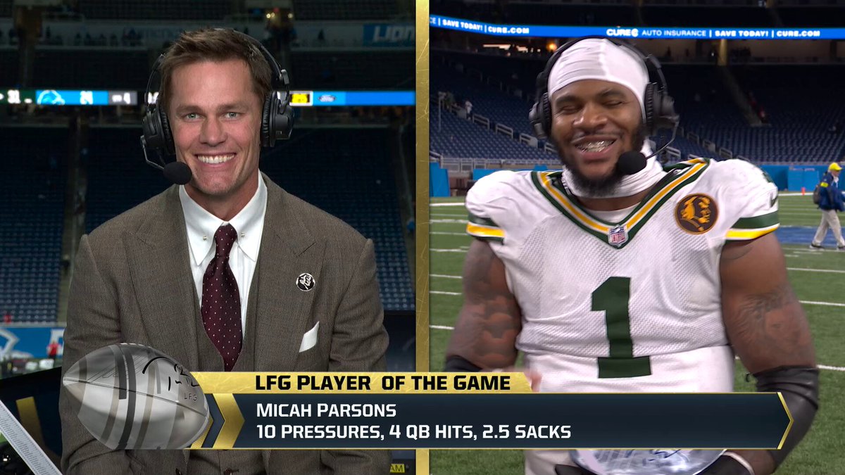 The original #LFG Player of the Game, @MicahhParsons11, joins @TomBrady after the @Packers Thanksgiving Day win! 🦃 