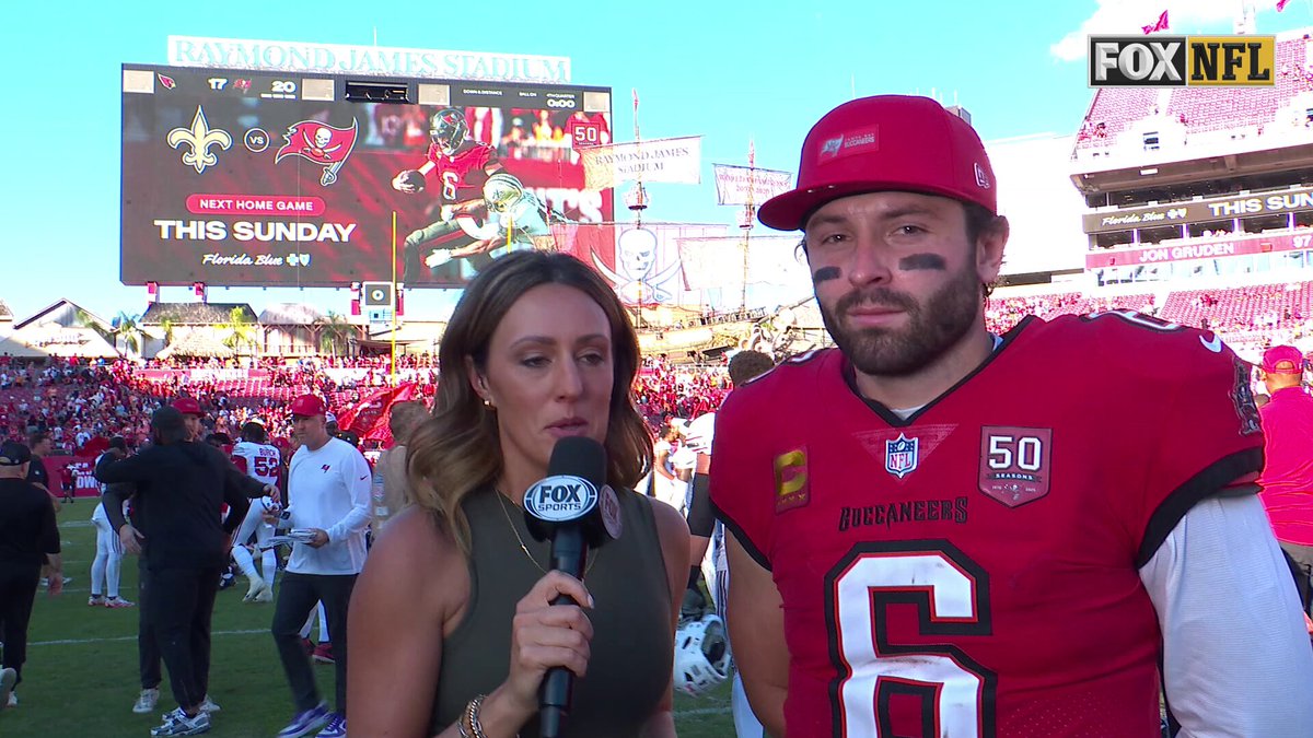 The @Buccaneers get the win over Arizona. Baker Mayfield caught up with @AllisonW_Sports. 