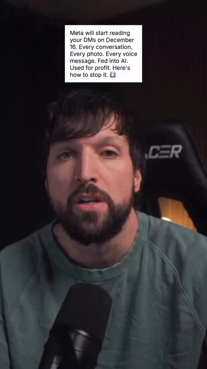Thumbnail of a video featuring a bearded man with a nose ring speaking into a black microphone against a dark background; he wears a green hoodie; a gaming chair with 'CER' logo is visible behind him; white text overlay repeats the alarmist claim about Meta reading DMs.