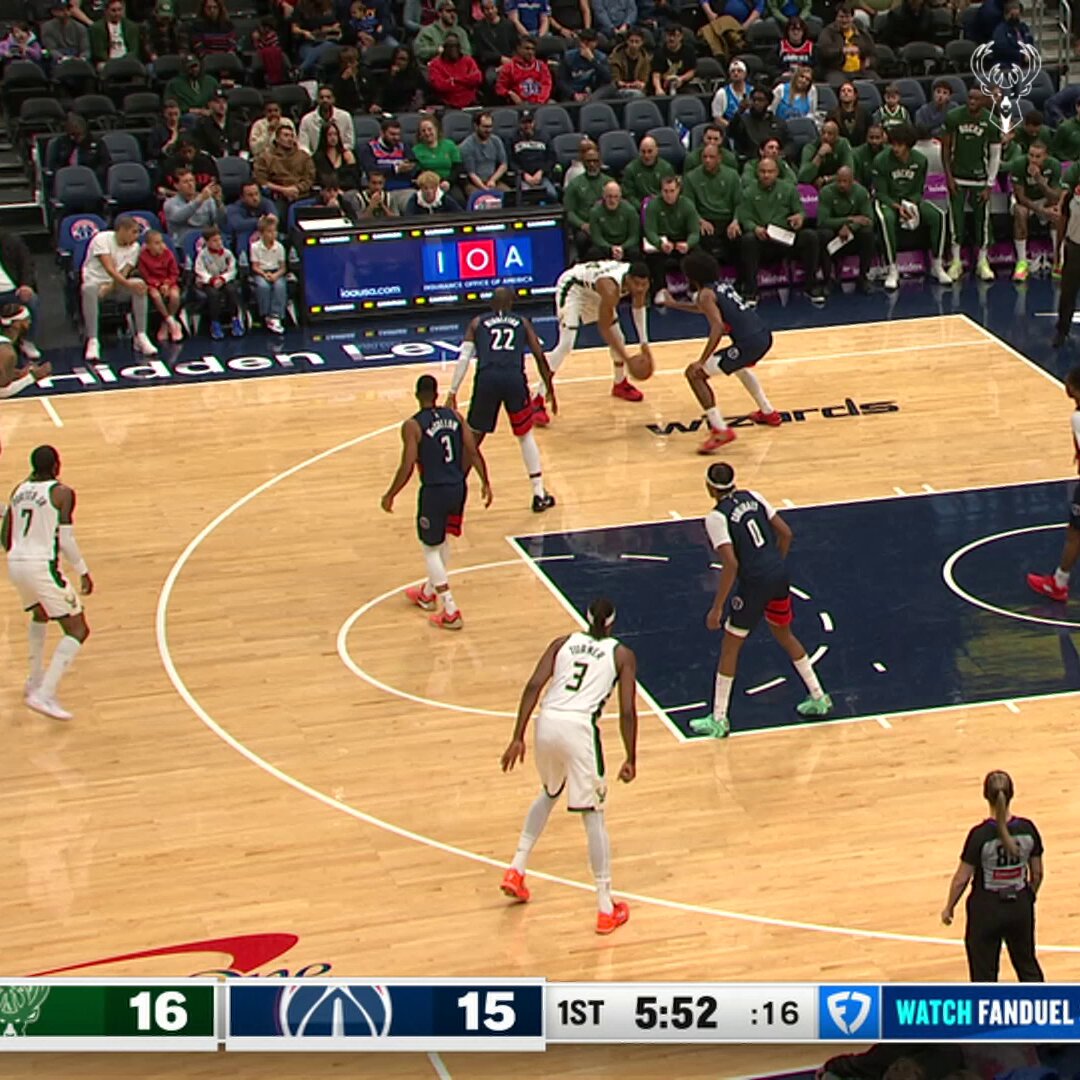 Perfect whip pass from Giannis to AJ for three. 