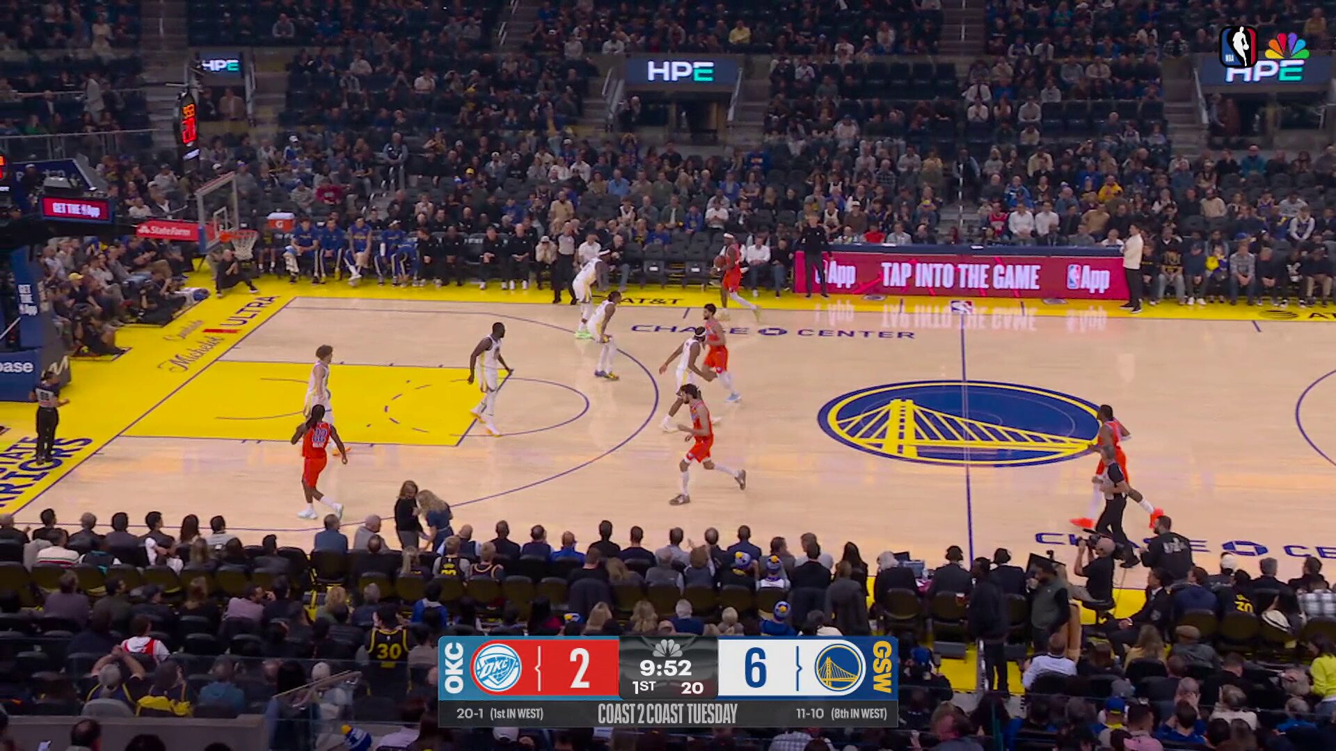 Shai gets it going early with the stepback triple 

Thunder seeking 13 wins in a row on NBC &amp; Peacock!