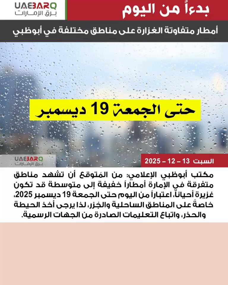 حتى 19 ديسمبر.. أمطار متفاوتة الغزارة على مناطق مختلفة في #أبوظبي 