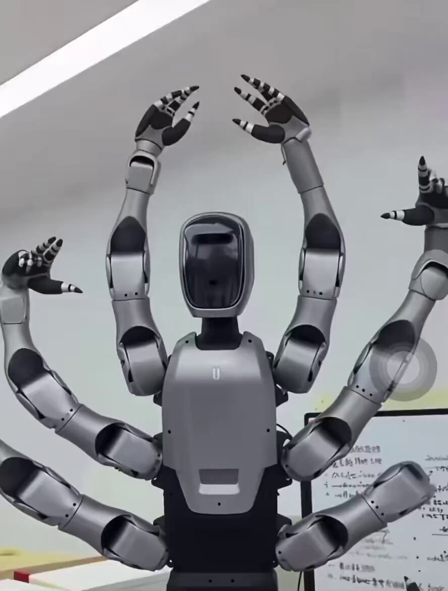 Six‑arm factory robot demo
