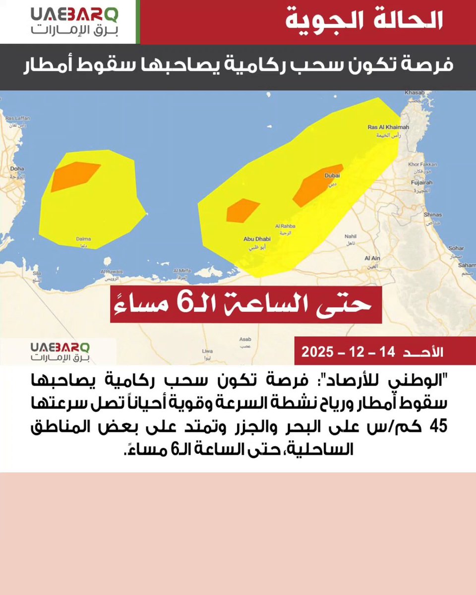 "الوطني للأرصاد": فرصة تكون سحب ركامية يصاحبها سقوط #أمطار. 