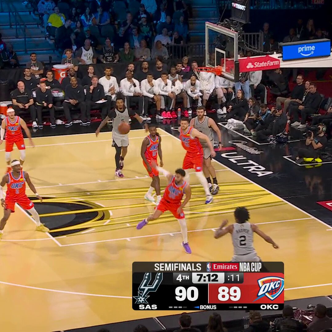 OKC VS. SAN ANTONIO WAS A THRILLER TONIGHT!

 SGA BRINGS OKC WITHIN 1 WITH 14.9 LEFT
 VASSELL PUTS SPURS UP 3 WITH 3.3 LEFT
 SPURS GETS THE STOP AND SECURE W

SAS will play NYK in the @emirates NBA Cup Championship on Tuesday (12/16) at 8:30pm/et on Prime.