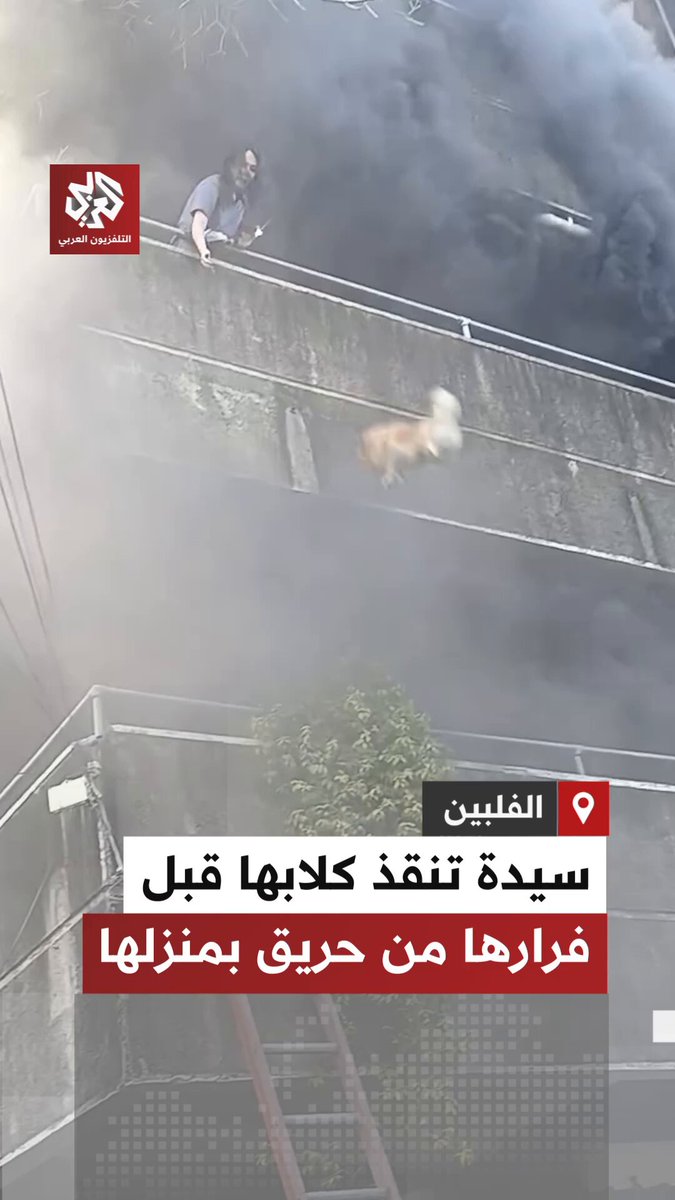 سيدة تنقذ كلابها من حريق هائل اندلع في منزلها قبيل فرارها من شرفة المنزل في مدينة مانداوي بالفلبين 