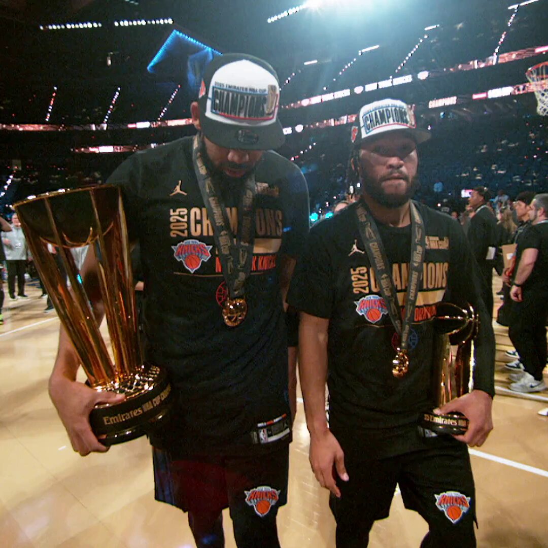 Brunson and KAT walk off the floor as @emirates NBA Cup Champs!