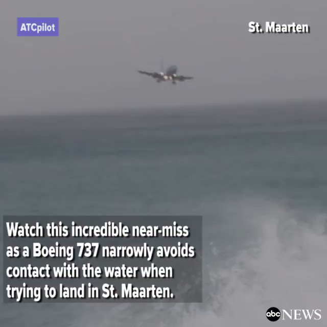 Video catches Boeing 737 narrowly avoid contact with the water while trying to land in St. Maarten. http://abcn.ws/2n71lZy