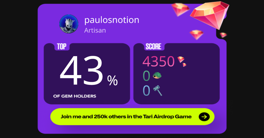 paulosnotion's tweet card. Play the Tari Airdrop Game. Tari is the L1 protocol powered by you - proof of work, beautiful apps anyone can use, and an ingenious native app platform to put all of its power in your hands.