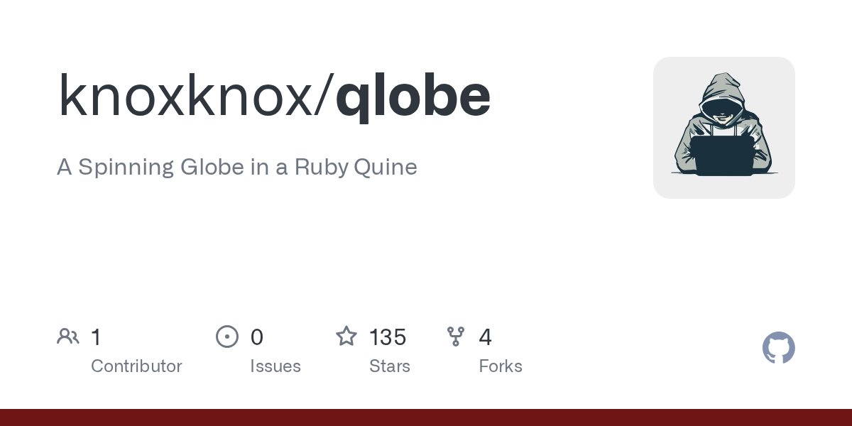 ryanbigg's tweet card. A Spinning Globe in a Ruby Quine. Contribute to knoxknox/qlobe development by creating an account on GitHub.