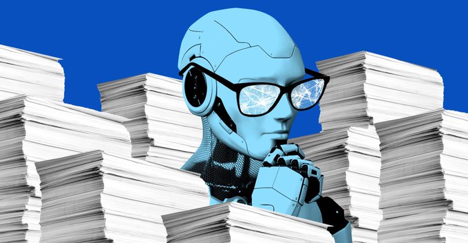 An illustration of a robot with cracked glasses surrounded by stacks of papers looking pensive.