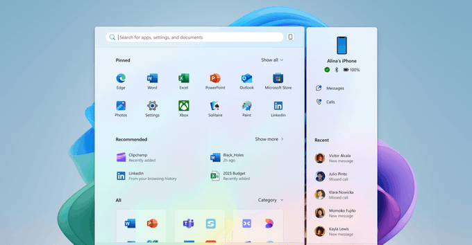 Windows Copilot+PC StartMenuWithPhoneLink Feature_UNDER EMBARGO UNTIL MAY 6, 6 AM PT, 9 AM ET