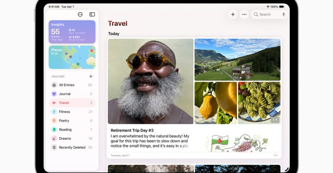 A screenshot of Apple’s Journal app on a landscape iPad.