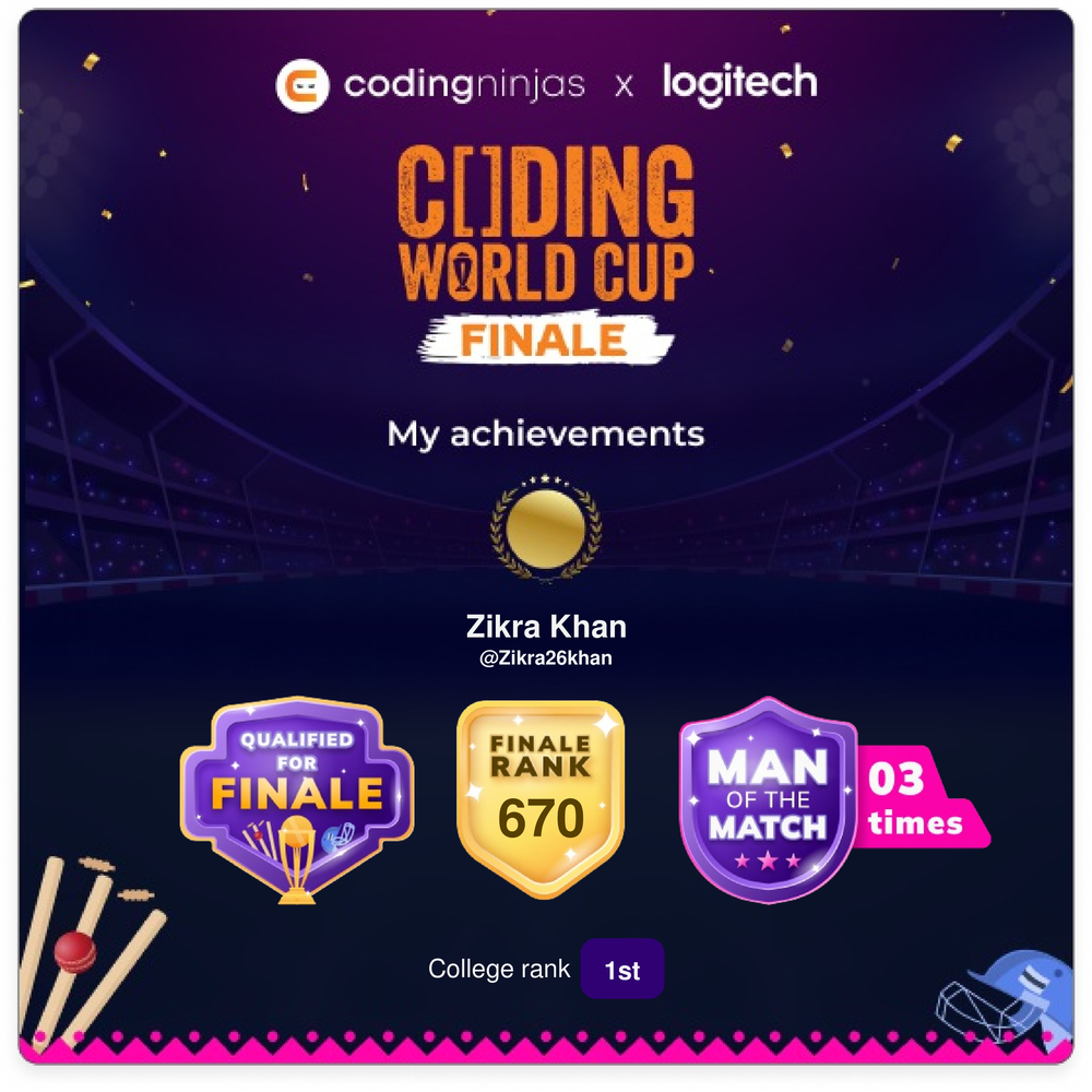 ZikraKh11327737's tweet card. I am playing the Coding World Cup powered by Coding Ninjas. Join in the fun and Lets compete together #CodingWorldCup #CodingNinjas #CNStudio