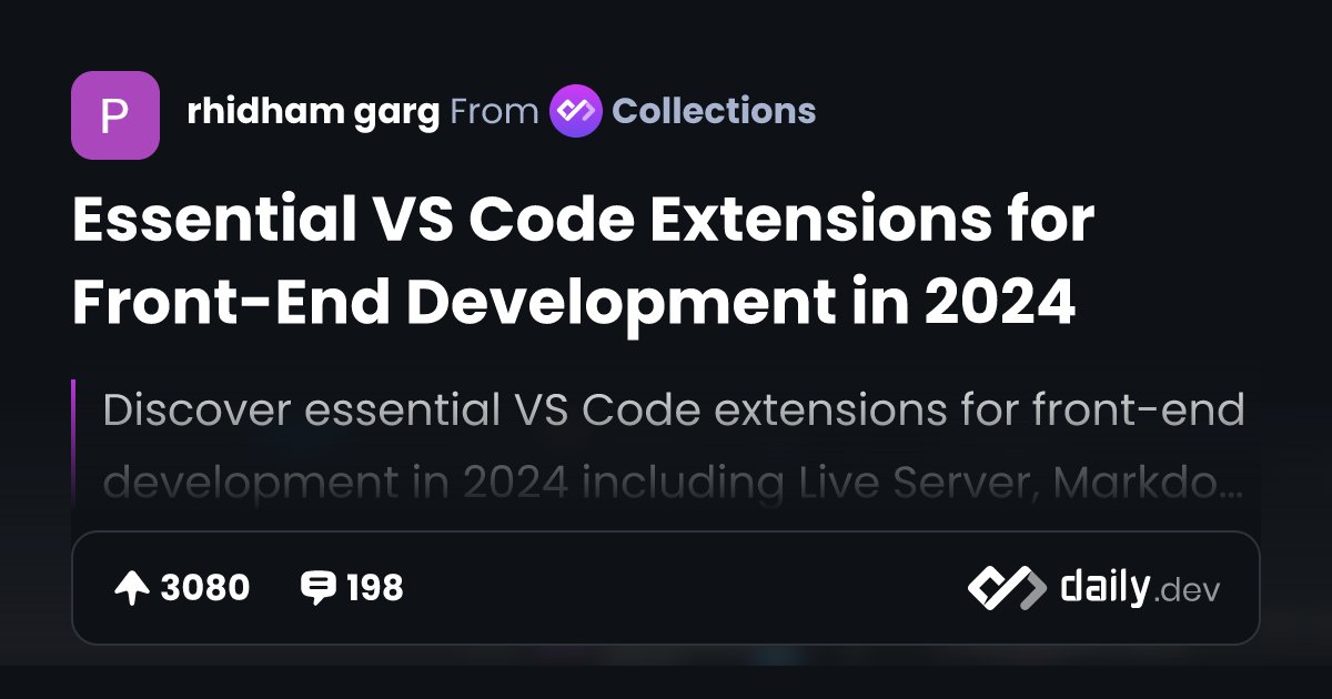 Rhidham_garg's tweet card. Discover essential VS Code extensions for front-end development in 2024 including Live Server, Markdown All in One, GitLens, Polacode, and Error Lens.