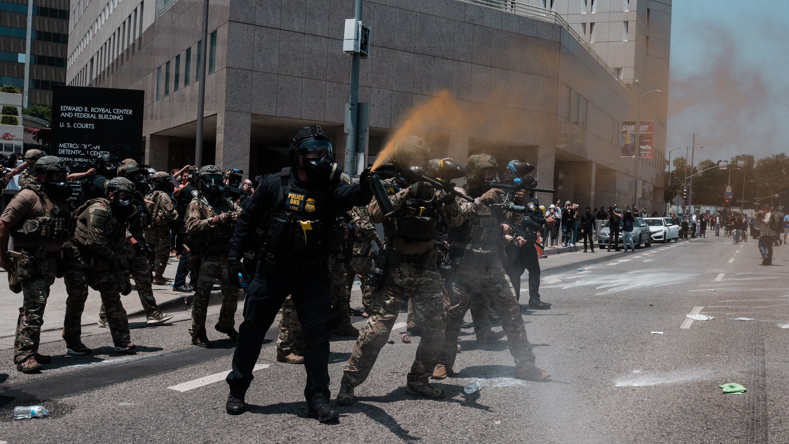 newsguild's tweet card. Los Angeles Police Department officers fired foam projectiles and flash-bang devices at reporters and photographers who were covering the immigration protests in June.