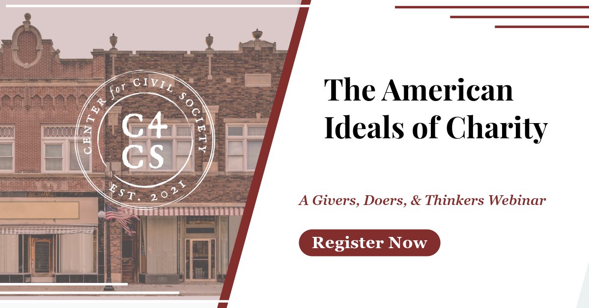 center4civilsoc's tweet card. Join us for a conversation highlighting the institutional and spiritual roots of Young America’s Yankee-Doodle way of loving thy neighbor—a way whose legacy lives on and even flourishes, two centur...