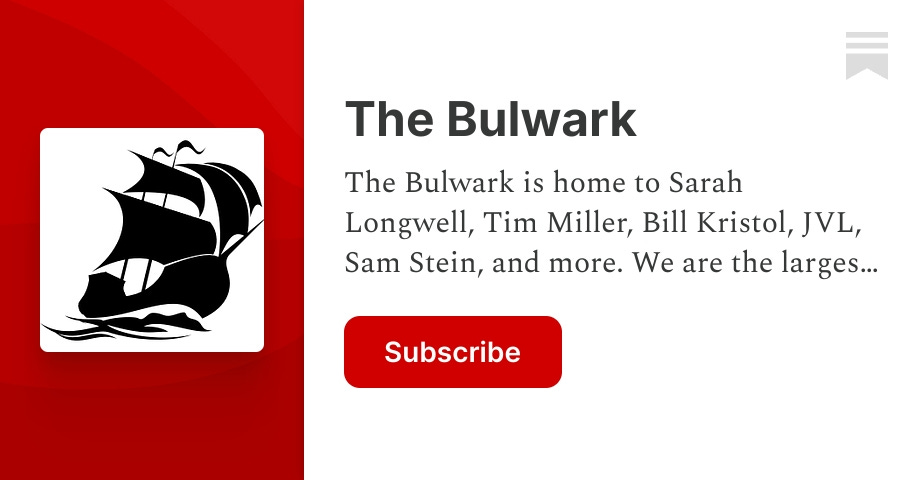 BulwarkOnline's tweet card. The Bulwark is home to Sarah Longwell, Tim Miller, Bill Kristol, JVL, Sam Stein, and more. We are the largest pro-democracy bundle on Substack for news and analysis on politics and culture—supported...