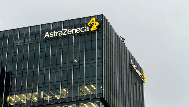 BioPharmaDive's tweet card. The $50 billion target, which AstraZeneca plans to meet by 2030, includes new manufacturing projects in Virginia and elsewhere, as well as R&D investment.