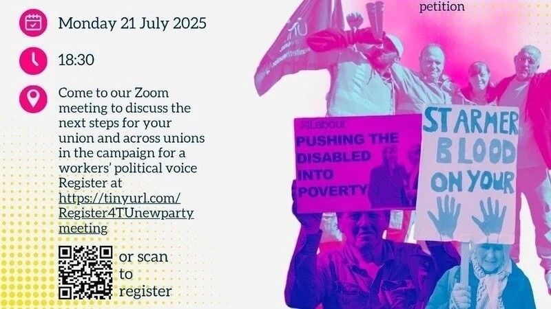 TUSCoalition's tweet card. The prospect of establishing a new political voice for the working class to challenge the continuity Tories of Keir Starmer’s New Labour party is now closer than ever!  On Thursday 3rd July the MP...