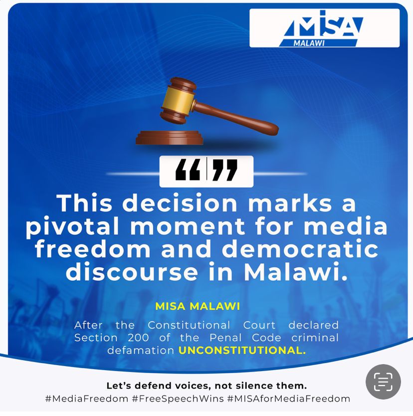 IFEX's tweet card. The ruling marks a pivotal moment for media freedom and democratic discourse in Malawi.