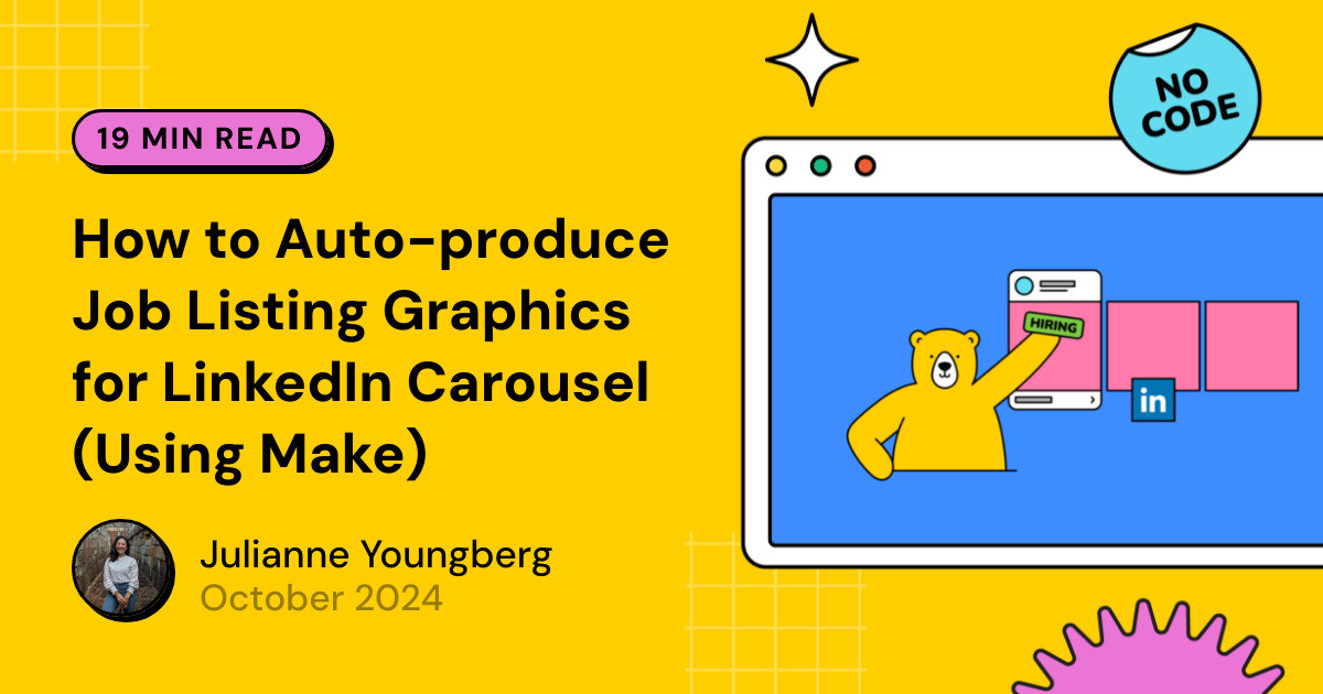 bannerbearHQ's tweet card. LinkedIn's carousel format can be used to showcase all types of content, such as job listing graphics. Here's how to automatically create job listing content for advertising on this platform.