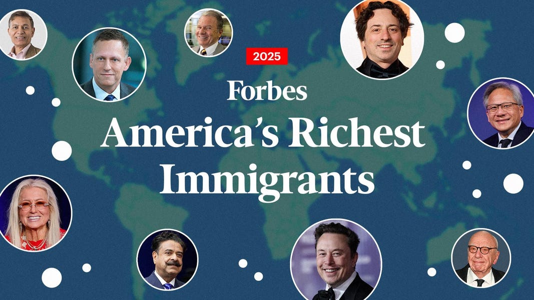Forbes's tweet card. More billionaire immigrants come from India than anywhere else in the world followed by two much smaller spots tied at number two.