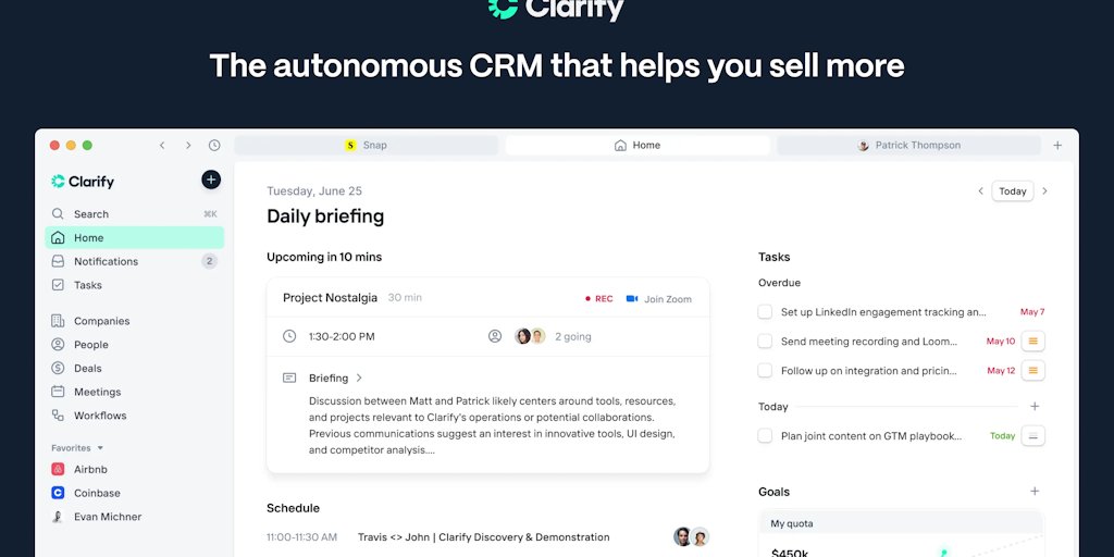 patrickt010's tweet card. Clarify is the autonomous CRM that helps founders and early-stage sellers build pipeline, close more deals, and spend less time on CRM busywork.