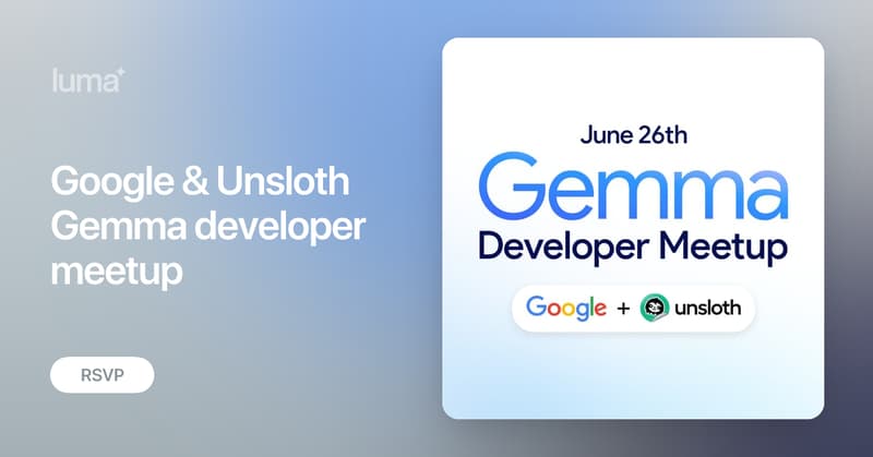 danielhanchen's tweet card. Join us at Google's San Francisco office to meet the Gemma team! Featuring talks from: Artificial Analysis • Google DeepMind • Unsloth AI and more! Gemma is…