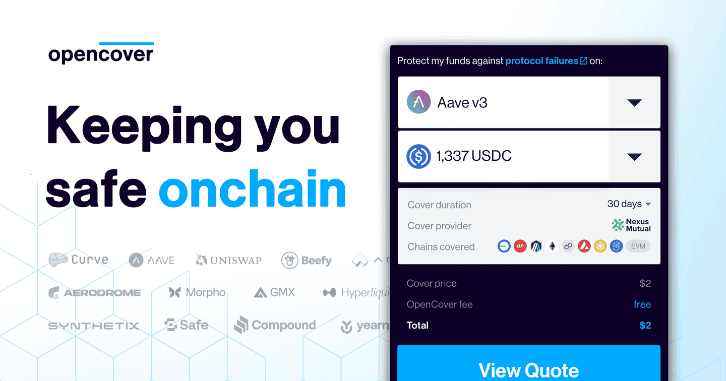 OpenCover's tweet card. Cover $5,000 from $2 per week on Aerodrome, Aave, Beefy, Pendle, EtherFi and more. As seen on CoinDesk, The Block and Coin Telegraph.