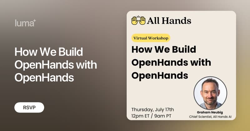 allhands_ai's tweet card. Join us for an inside look at how we built OpenHands—using OpenHands itself, the world’s leading open source AI software engineering agent. This webinar will…