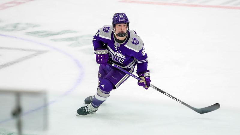 GoStonehill's tweet card. EASTON, Mass. (July 3, 2025) – Freshman forward Zach Aben of the Stonehill men's ice hockey program has been named to the American Hockey Coaches Association (AHCA) Krampade All-American Scholars...