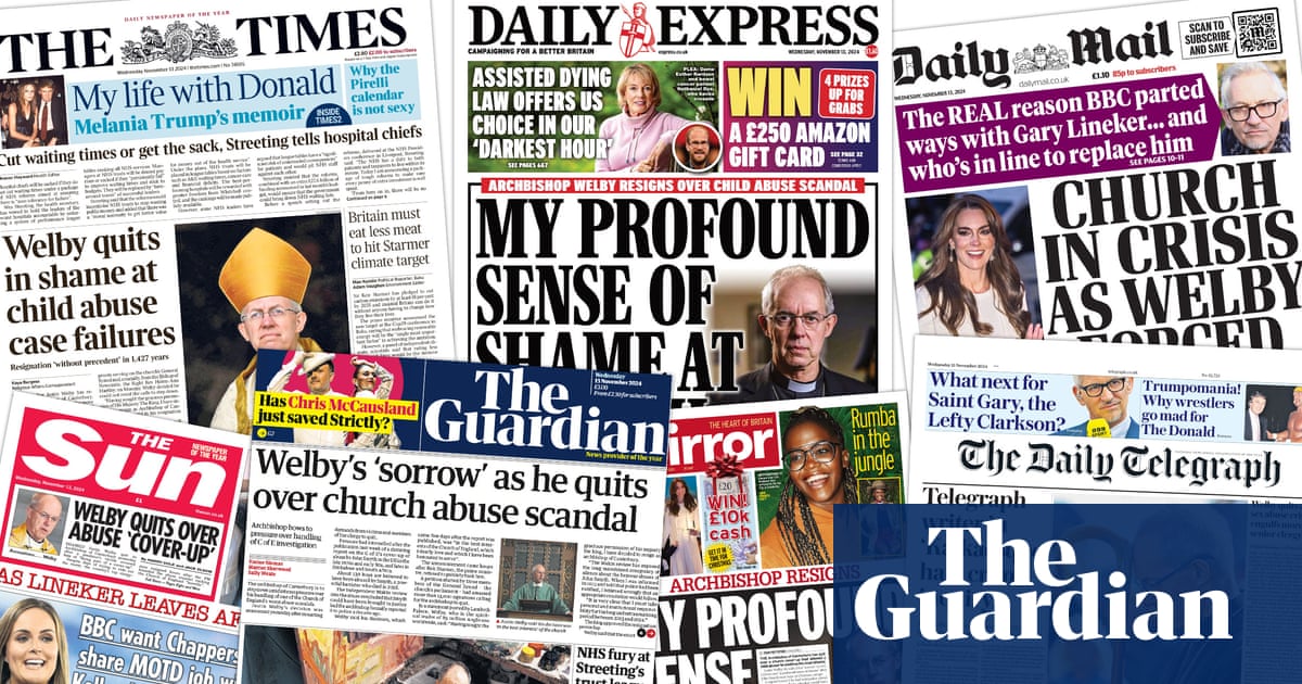 GuardianAus's tweet card. Justin Welby’s resignation dominates the headlines as calls grow for others to resign and the archbishop not to be a ‘sacrificial lamb’