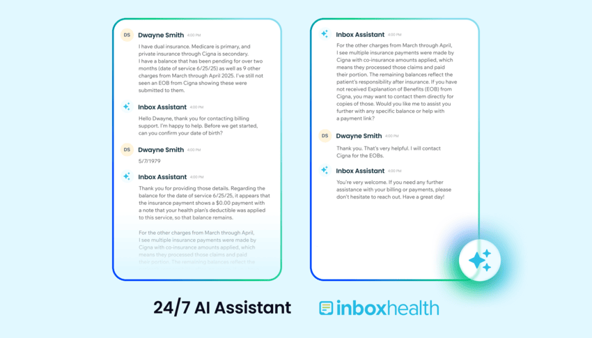 FierceHealth's tweet card. Inbox Health, a billing platform, has launched an artificial intelligence assistant to help answer patient questions. | The HIPAA-compliant AI assistant is available 24/7 and can cut response and...