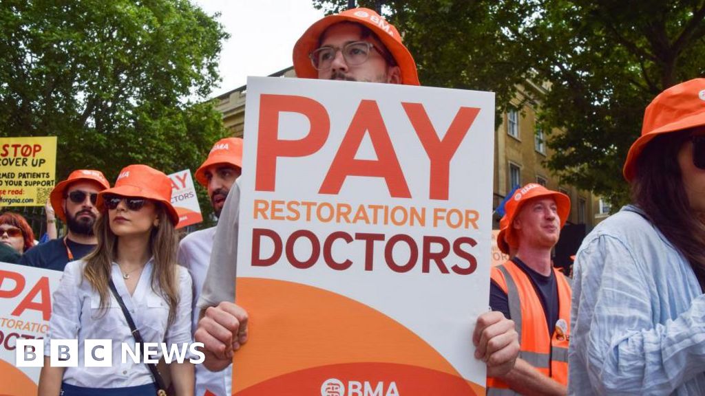 BBCHughPym's tweet card. Resident doctors will walk out for five consecutive days from 25 July over a dispute about pay.
