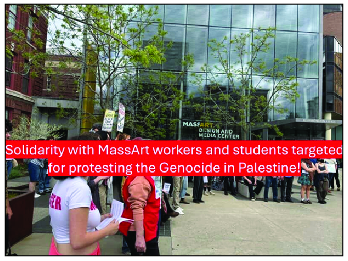 NSSN_AntiCuts's tweet card. Two union educators at MassArt (Boston, US) are under threat of being fired for participating in a peaceful protest in support of divestment from weapons and an end to the genocide. Demand that...