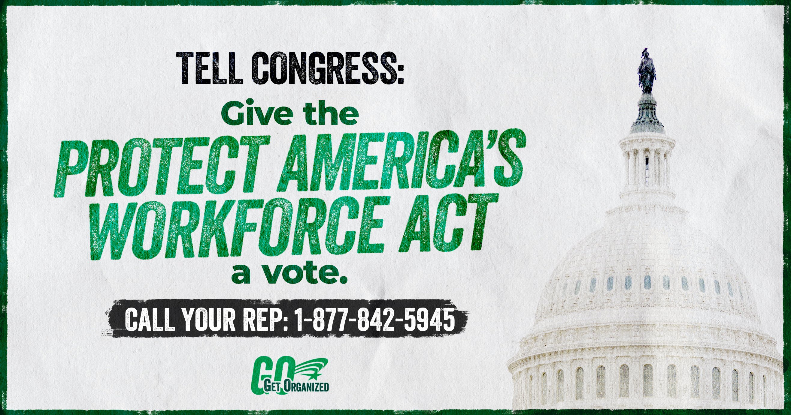 AFSCME's tweet card. Call your rep right now and tell them to sign the discharge petition to bring the Protect America’s Workforce Act to the floor for a vote.