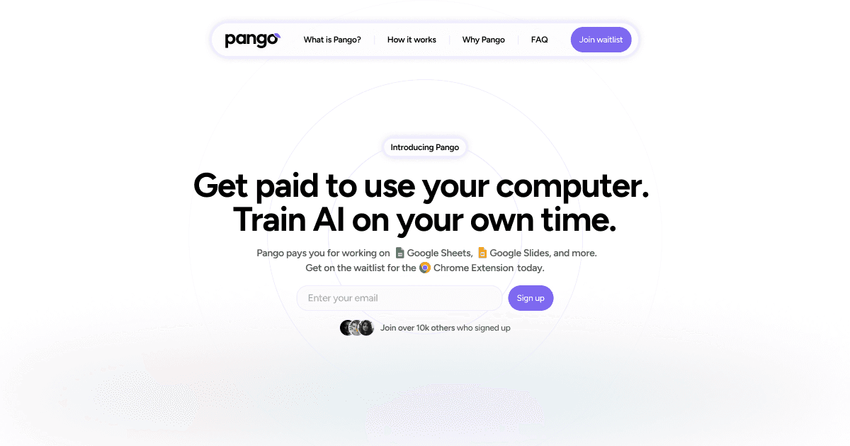 trypango's tweet card. Get paid to use your computer. Train AI on your own time. Get the Chrome Extension today.