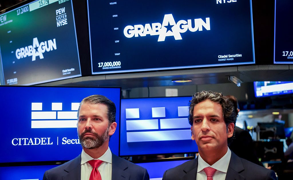 DonaldJTrumpJr's tweet card. GrabAGun will trade under the ticker “PEW”—as in the sound of someone imitating a gunshot.